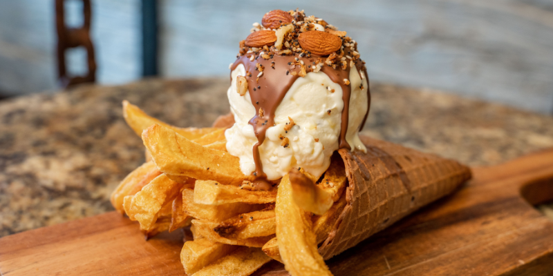 A Giapo ice cream on a wooden board