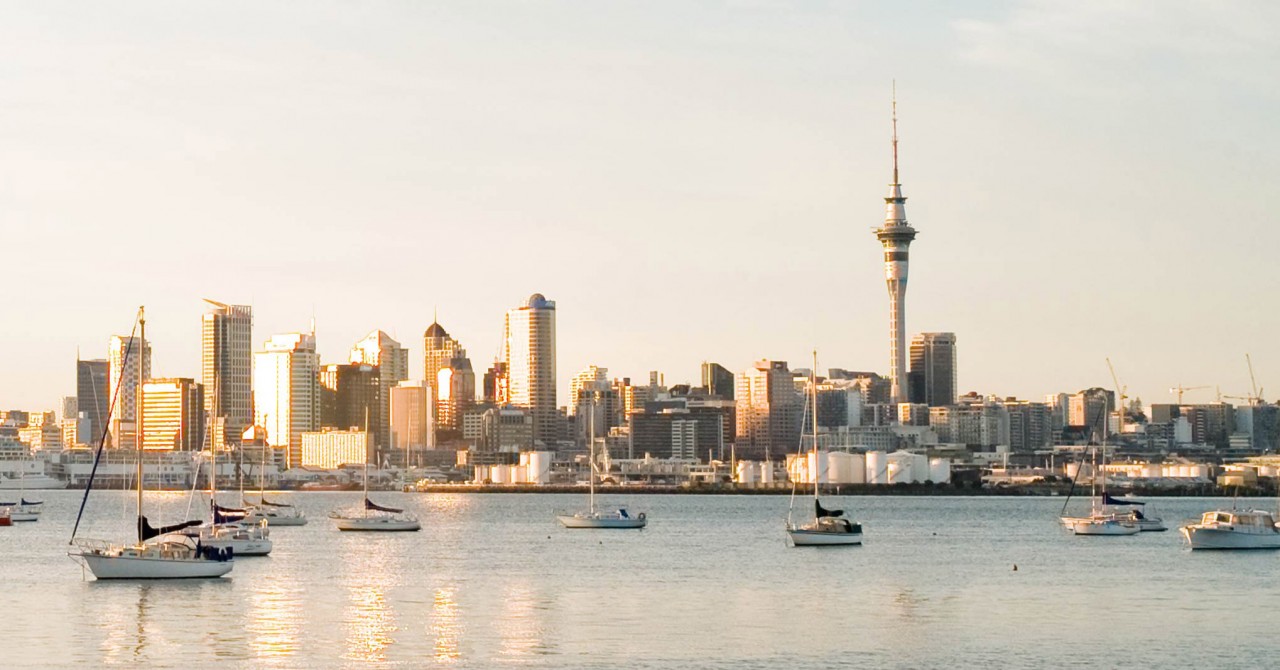 Auckland city skyline at sunrise