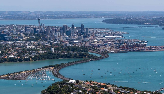 Auckland city skyline and harbour from Bastian Point