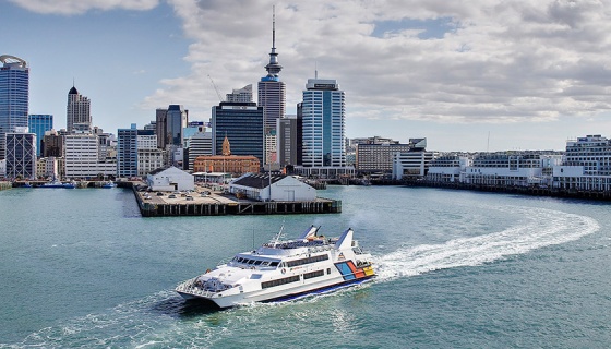 A Fullers Ferry comes out of the Downtown Ferry Terminal on Auckland's waterfront 